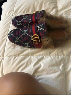 Gucci Navy & Red GG Canvas Fur-Lined Princetown Mule